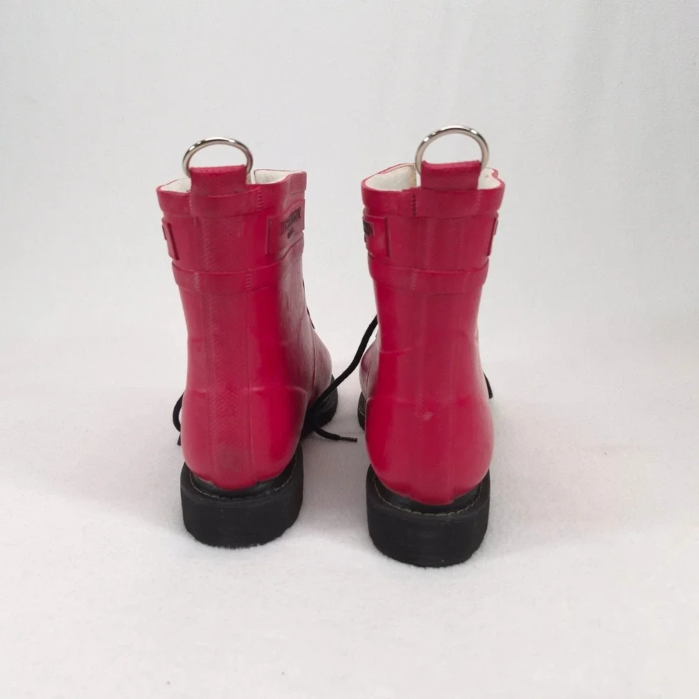 Ilse Jacobsen Rain Boots Red Sz 38 Lace Up Waterproof Fleece Lined Danish Design
